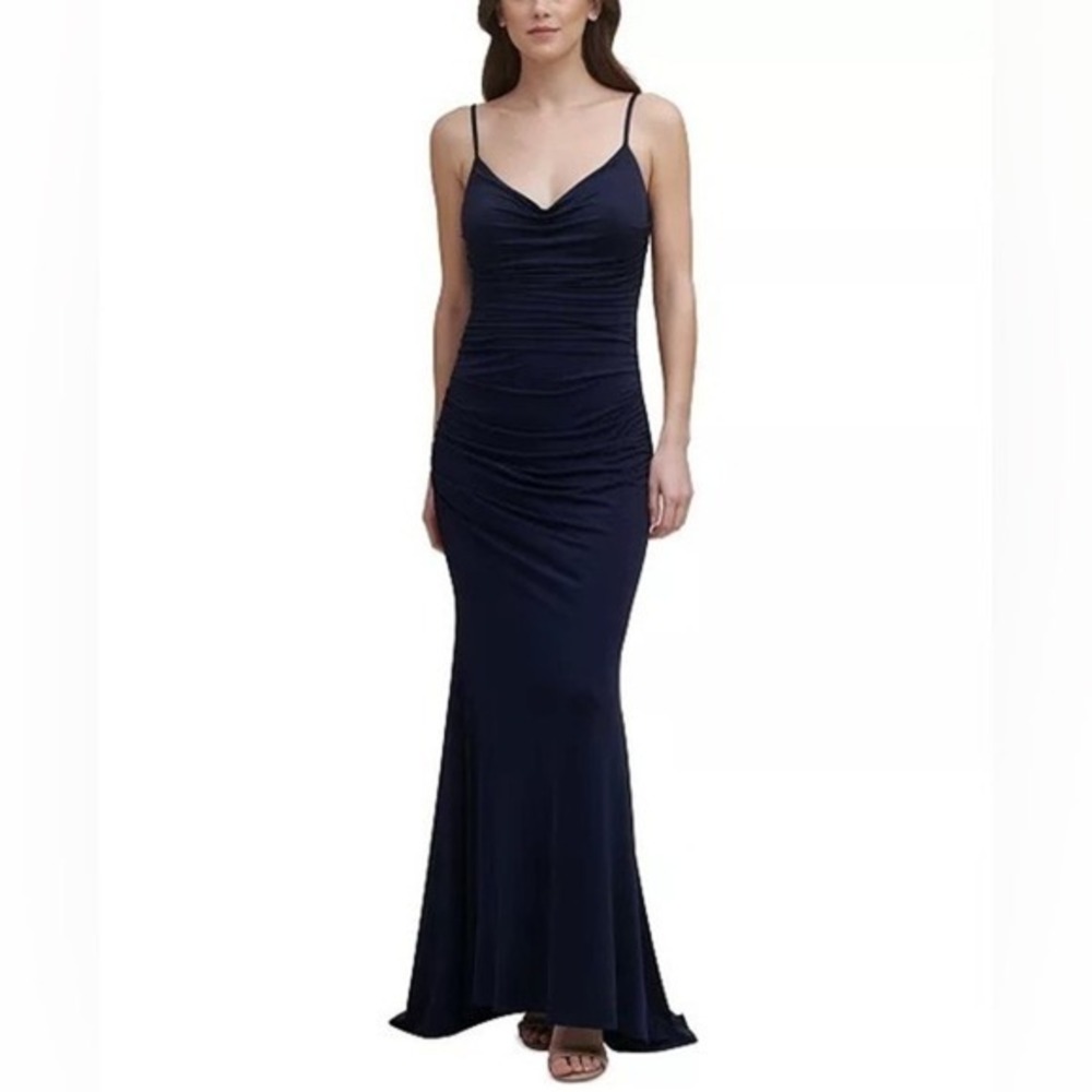 Eliza J Navy Cowl Neck Ruched Jersey Slinky Sleeveless Evening Gown Size 6 NWT